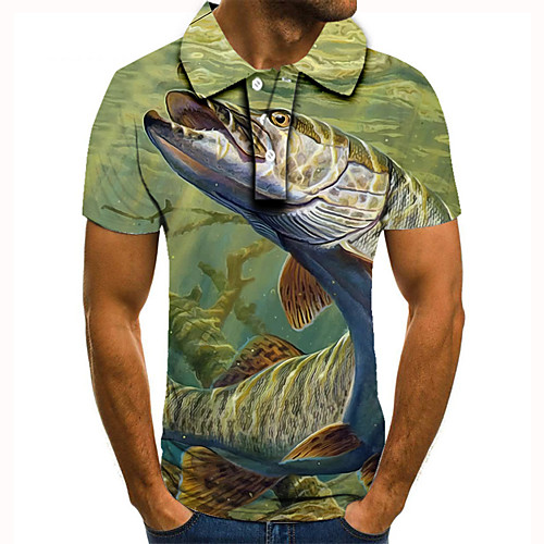 

Men's Golf Shirt 3D Print Graphic Prints Fish Animal Button-Down Short Sleeve Street Tops Casual Fashion Cool Green / Sports