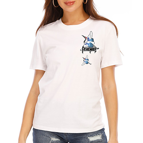 

Women's T shirt Graphic Text Print Round Neck Tops 100% Cotton Basic Basic Top White