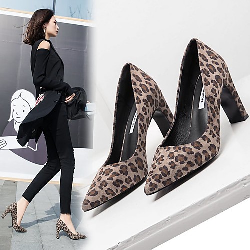 

Women's Heels Block Heel Pointed Toe Suede PU Leopard Yellow Khaki