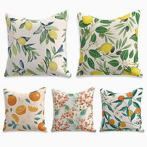 

Double Side Cushion Cover 5PC Faux Linen Soft Square Throw Pillow Cover for Sofa Bedroom 45 x 45 cm (18 x 18 Inch) Superior Quality Machine Washable Print Summer Fruit Flower Citrus Orange