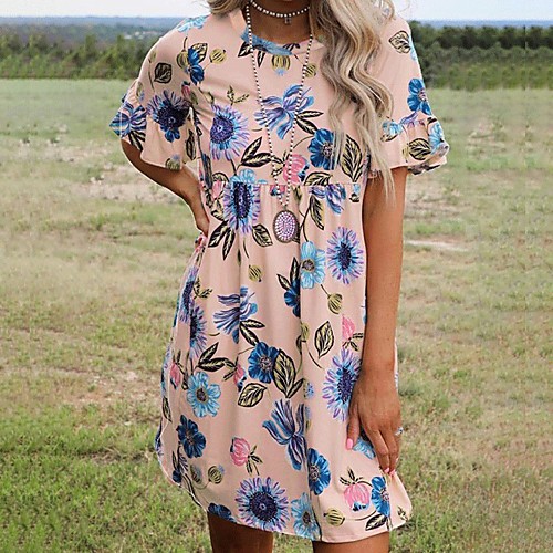 

Women's Shift Dress Knee Length Dress Blushing Pink Royal Blue Short Sleeve Floral Print Spring Summer Round Neck Formal 2021 S M L XL XXL 3XL / Cotton / Cotton