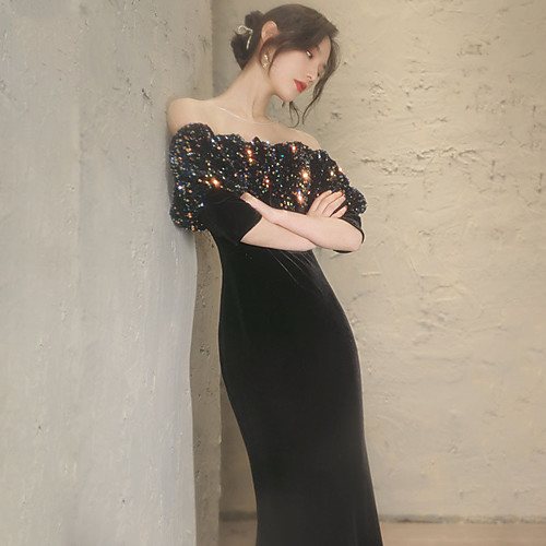 

evening dress 2021 new black long sequins aura queen temperament annual meeting one-shoulder fishtail host female