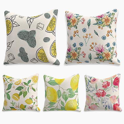 

Double Side Cushion Cover 5PC Faux Linen Soft Decorative Square Throw Pillow for Sofa Bedroom 45 x 45 cm (18 x 18 Inch) Superior Quality Machine Washable Print Summer Fruit Flower Citrus