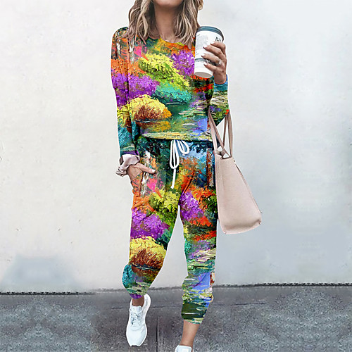 

Women's Basic Streetwear Landscape Vacation Casual / Daily Two Piece Set Tracksuit T shirt Pant Loungewear Jogger Pants Drawstring Print Tops