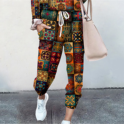 

Women's Basic Soft Comfort Daily Home Jogger Pants Geometric Pattern Color Block Full Length Elastic Drawstring Design Print Black Blue Purple Yellow Orange