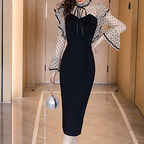 

Sheath / Column Color Block Little Black Dress Homecoming Cocktail Party Dress High Neck Long Sleeve Tea Length Stretch Fabric with Ruffles 2021 / Illusion Sleeve