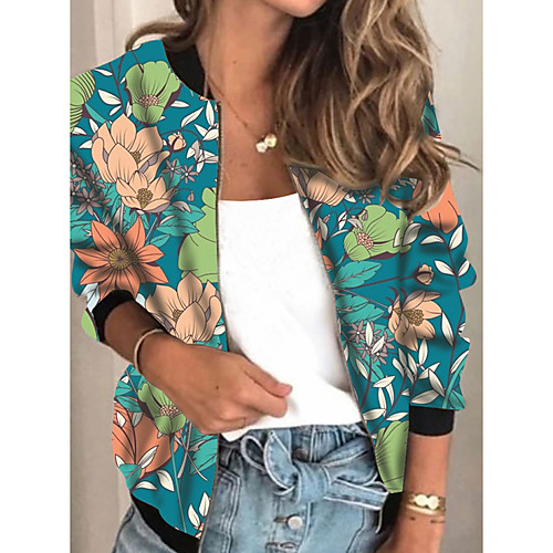 

Women's Jacket Daily Fall Spring Regular Coat Regular Fit Casual Jacket Long Sleeve Floral Print Blue Green