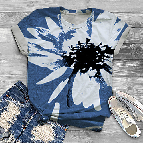 

Women's Plus Size Tops T shirt Floral Graphic Print Short Sleeve Crewneck Basic Blue Black Big Size XL XXL 3XL 4XL 5XL / Holiday