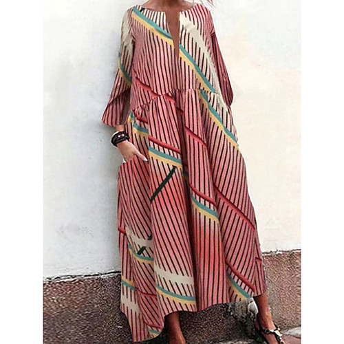 

Women's T Shirt Dress Tee Dress Maxi long Dress Photo Color- Long Sleeve Striped Color Block Summer V Neck Elegant Loose 2021 S M L XL