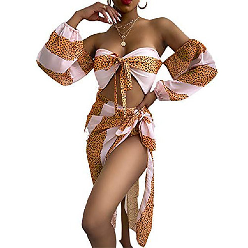 

women sexy 2 piece bikini set - off shoulder tube cropped leopard print swimsuit with high split cover up orange l