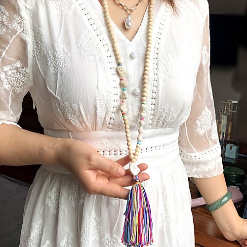 

Women's Long Necklace Tassel European Folk Style Boho Wood Fabric Stone Blue Yellow Rainbow Ivory Dark Blue 90 cm Necklace Jewelry 1pc For Party Evening Street Prom Birthday Party Festival / Shell