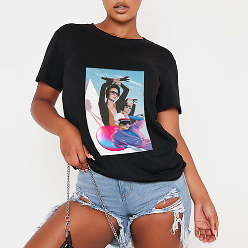 

Women's T shirt Graphic Print Round Neck Tops 100% Cotton Basic Basic Top White Black