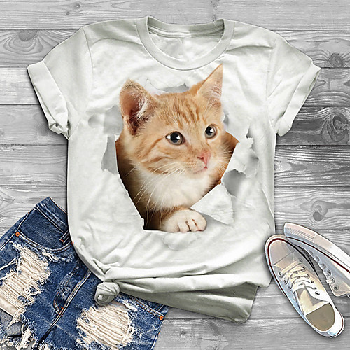 

Women's Plus Size Tops T shirt Cat Graphic Animal Print Short Sleeve Crewneck Basic White Big Size XL XXL 3XL 4XL 5XL / Holiday