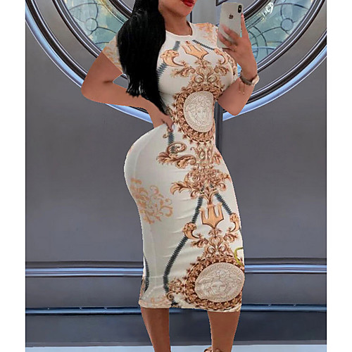 

Women's Sheath Dress Midi Dress Blue Purple Gold White Black Dark Gray Red Short Sleeve Print Print Summer Round Neck Sexy 2021 S M L XL XXL