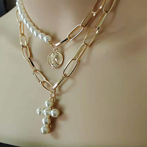 

cross necklace jewelry multi-layer pearl cross necklace personality retro big-name disc portrait sweater chain female