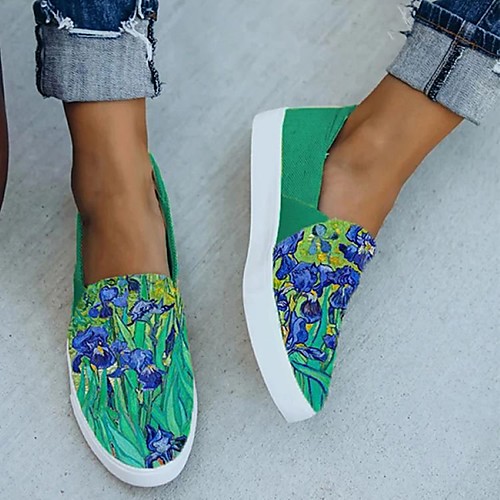 

Women's Flats Slip-on Sneakers Flat Heel Round Toe Canvas Floral Orange Green