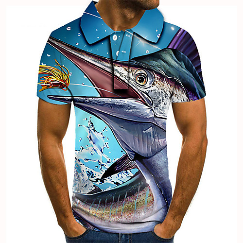 

Men's Golf Shirt Tennis Shirt 3D Print Graphic Prints Fish Animal Button-Down Short Sleeve Street Tops Casual Fashion Cool Blue / Sports