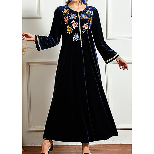 

Women's Kaftan Dress Maxi long Dress Dusty Blue Long Sleeve Floral Embroidered Summer Round Neck Casual 2021 XL XXL 3XL 4XL
