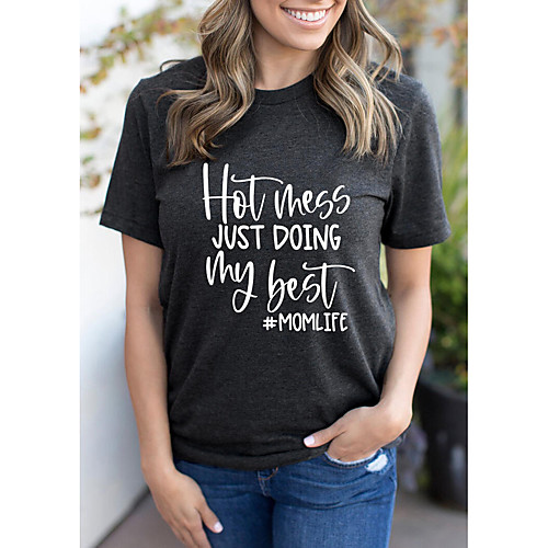 

Women's T shirt Graphic Text Letter Print Round Neck Basic Tops 100% Cotton Dark Gray Light Green Light Blue