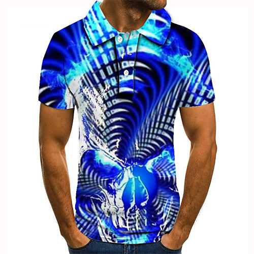 

Men's Golf Shirt 3D Print 3D Graphic Prints Skull Button-Down Short Sleeve Street Tops Casual Fashion Cool Blue / Sports