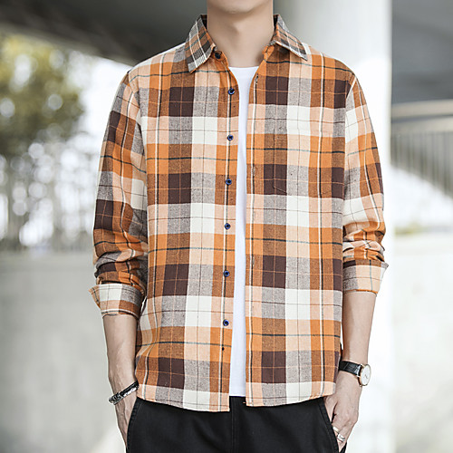 

Men's Shirt Lattice Long Sleeve Daily Tops Blue Orange Green