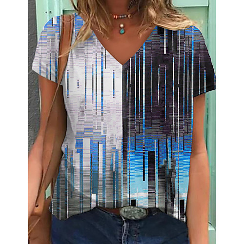 

Women's Abstract Geometric Painting T shirt Striped Color Block Print V Neck Basic Tops Blue Green