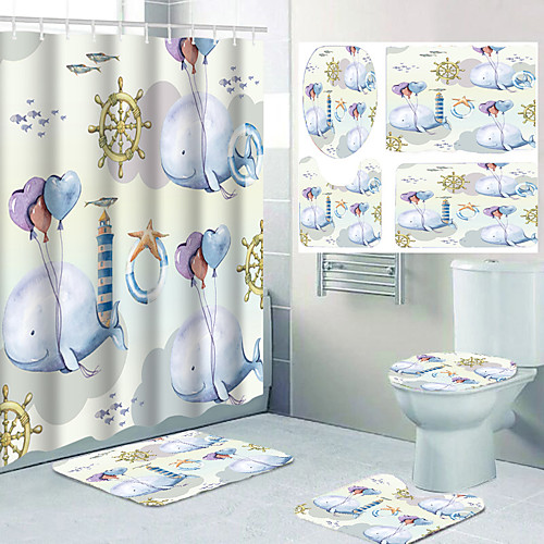 

Four-piece Set of Waterproof Shower Curtain and Hook Cushion for Bathroom Casual Decoration