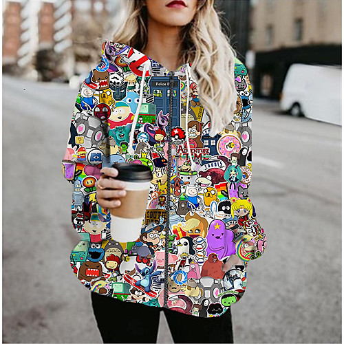 

Women's Jacket Daily Fall Spring Regular Coat Regular Fit Casual Jacket Long Sleeve Cartoon Characters Print Rainbow / Holiday