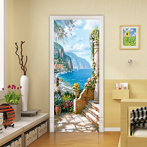 

2pcs Self-adhesive Creative Door Stickers Oil Painting Style Landscape Living Room Decoration Home Waterproof Wall Stickers