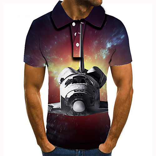 

Men's Golf Shirt Tennis Shirt 3D Print Graphic Prints Spacecraft Button-Down Short Sleeve Street Tops Casual Fashion Cool Rainbow / Sports