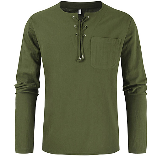 

Men's T shirt Shirt non-printing Solid Color Long Sleeve Casual Tops Linen V Neck White Army Green Black