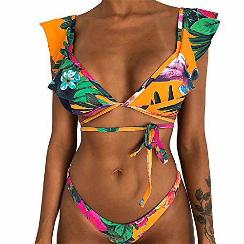 

women retro flounce bandage bikini set v neck two piece ruffle swimsuit bathing suit(orange, s)