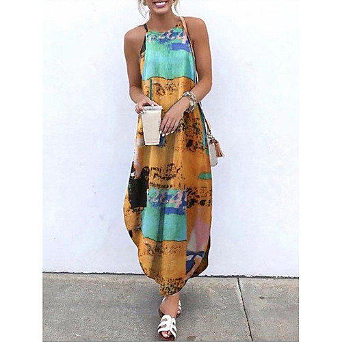 

2021 summer new style women's european and american abstract printing one-way neck dovetail hanging wide loose large size dress women