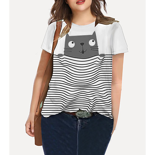 

Women's Plus Size Tops T shirt Striped Cat Graphic Print Short Sleeve Crewneck Basic White Big Size XL XXL 3XL 4XL 5XL / Holiday / Going out