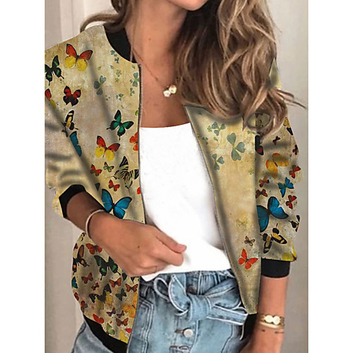 

Women's Jacket Daily Fall Spring Regular Coat Regular Fit Casual Jacket Long Sleeve Animal Patterned Print Khaki