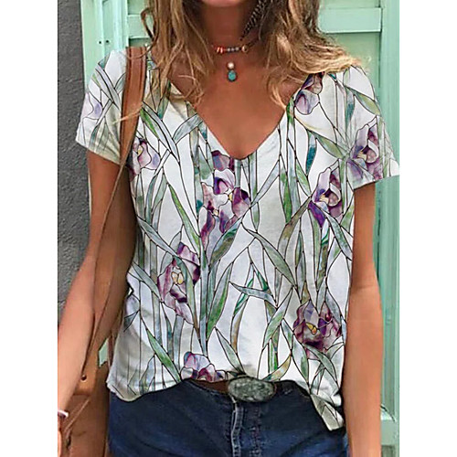 

Women's T shirt Floral Plants V Neck Tops Basic Basic Top White