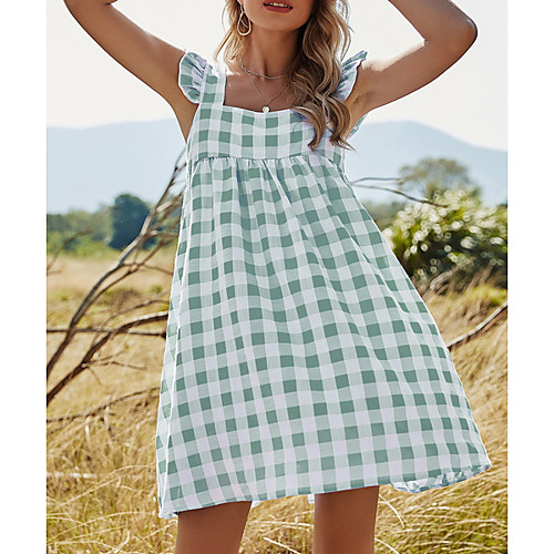 

Women's A Line Dress Short Mini Dress Blue Green Sleeveless Check Smocked Ruffle Patchwork Fall Summer Square Neck Elegant Casual 2021 S M L XL