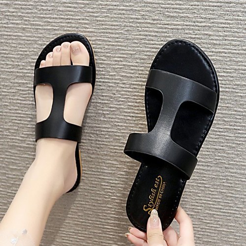 

Women's Sandals Outdoor Slippers Flat Heel Round Toe PU Solid Colored Dark Brown White Black