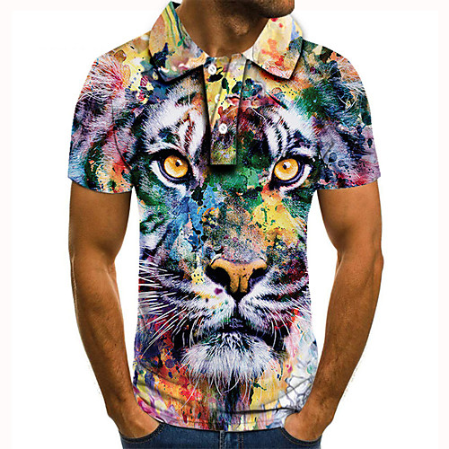 

Men's Golf Shirt 3D Print Tiger Animal Button-Down Short Sleeve Street Tops Casual Fashion Cool Rainbow / Sports