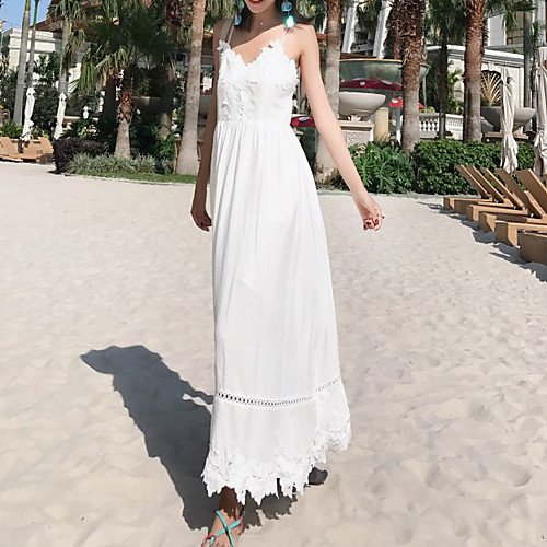 

A-Line Beautiful Back Maxi Holiday Party Wear Dress Spaghetti Strap Sleeveless Ankle Length Cotton with Appliques 2021