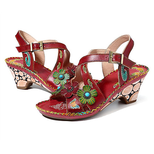 

Women's Sandals Chunky Heel Round Toe PU Solid Colored Red