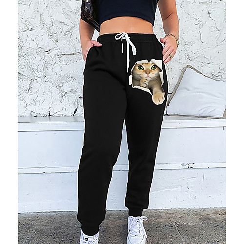 

Women's Streetwear Sweatpants Comfort Going out Weekend Jogger Pants Cat 3D Animal Full Length Elastic Drawstring Design Print Black