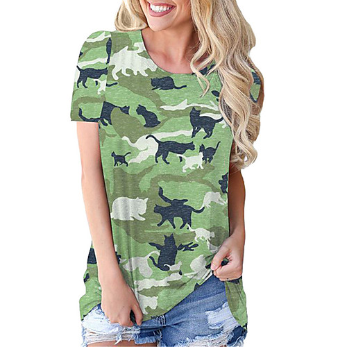 

Women's T shirt Cat Print Round Neck Tops Basic Basic Top Blue Wine Khaki