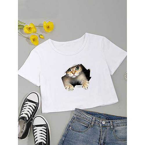 

Women's Crop Tshirt Cat 3D Print Round Neck Tops Cotton Basic Basic Top White Black