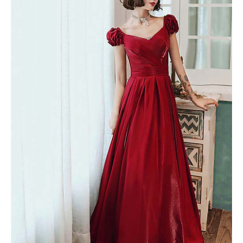 

A-Line Elegant Vintage Wedding Guest Formal Evening Dress V Neck Short Sleeve Floor Length Satin with Sleek 2021