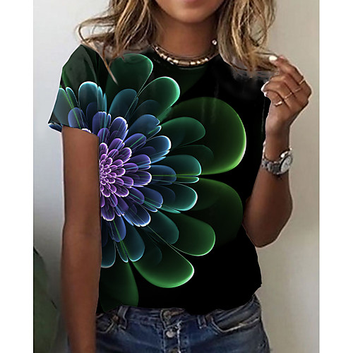 

Women's Floral Theme Painting T shirt Striped Color Block Print Round Neck Basic Tops Black