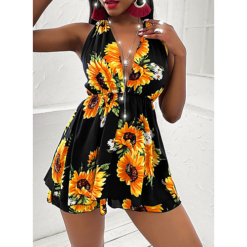 

Women's A Line Dress Short Mini Dress Yellow Black Long Sleeve Floral Backless Print Summer Halter Neck Elegant Casual 2021 S M L XL