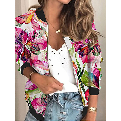 

Women's Jacket Daily Fall Spring Regular Coat V Neck Regular Fit Sporty Casual Jacket Long Sleeve Floral Print Red / Holiday