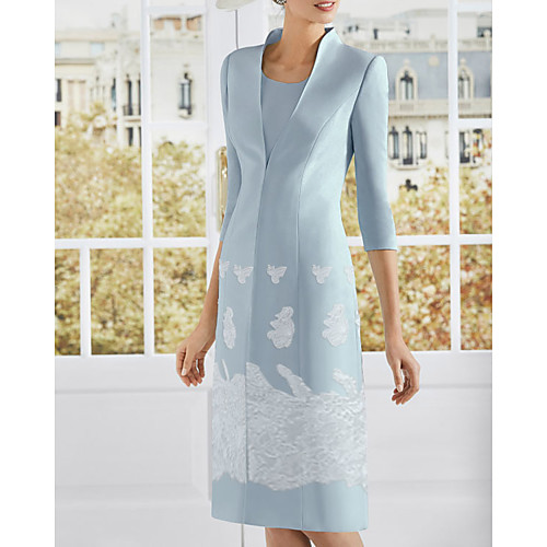 

Two Piece Sheath / Column Mother of the Bride Dress Elegant Jewel Neck Knee Length Lace Satin 3/4 Length Sleeve with Appliques 2021