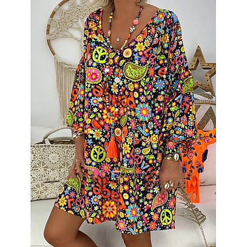 

2020 cross-border european and american vacation floral loose v-neck long-sleeved plus size new autumn dress hot style small man